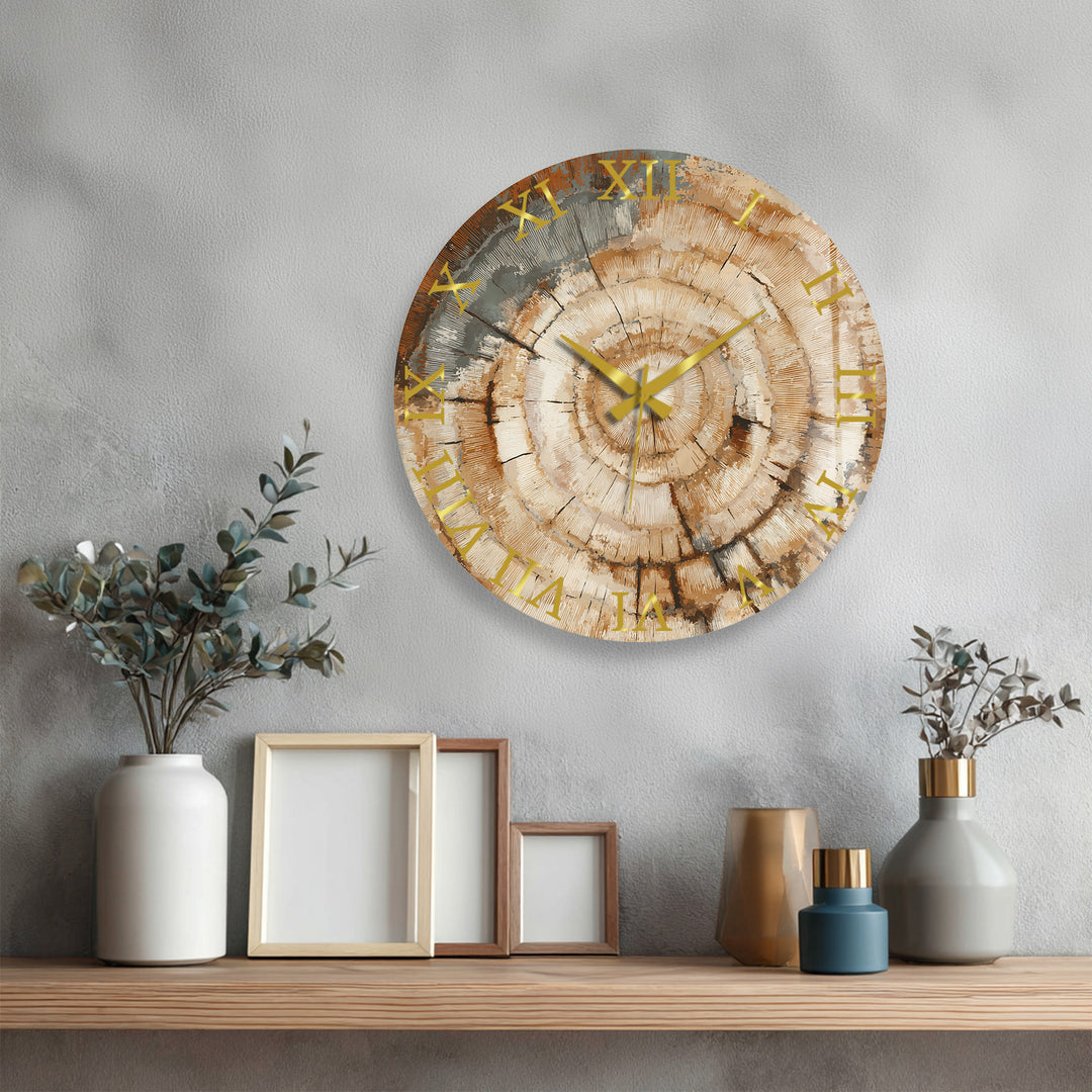 Tree Ring Glass Wall Clock – Rustic Wood Grain Decor