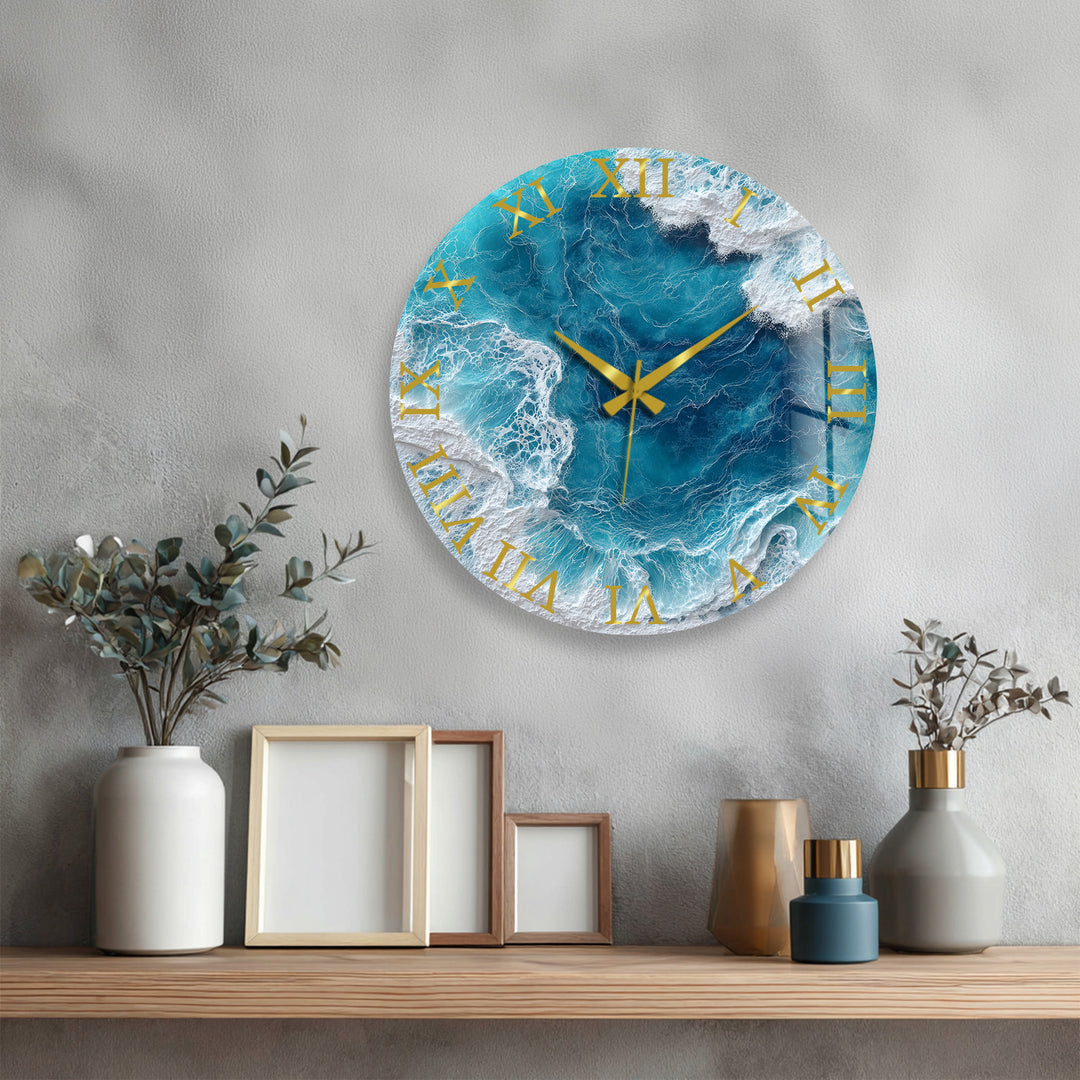 Ocean Waves Glass Wall Clock – Blue Coastal Beach House Decor
