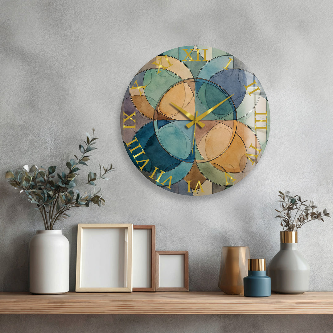 Teal Geometric Glass Wall Clock – Mid Century Abstract Decor