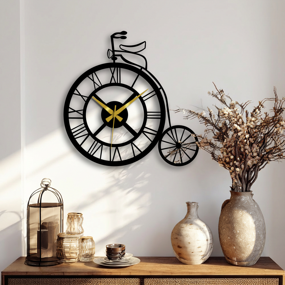 Warm color temperature highlights the vintage bicycle metal wall clock, making it a striking piece of decoration wall art against the neutral wall.
