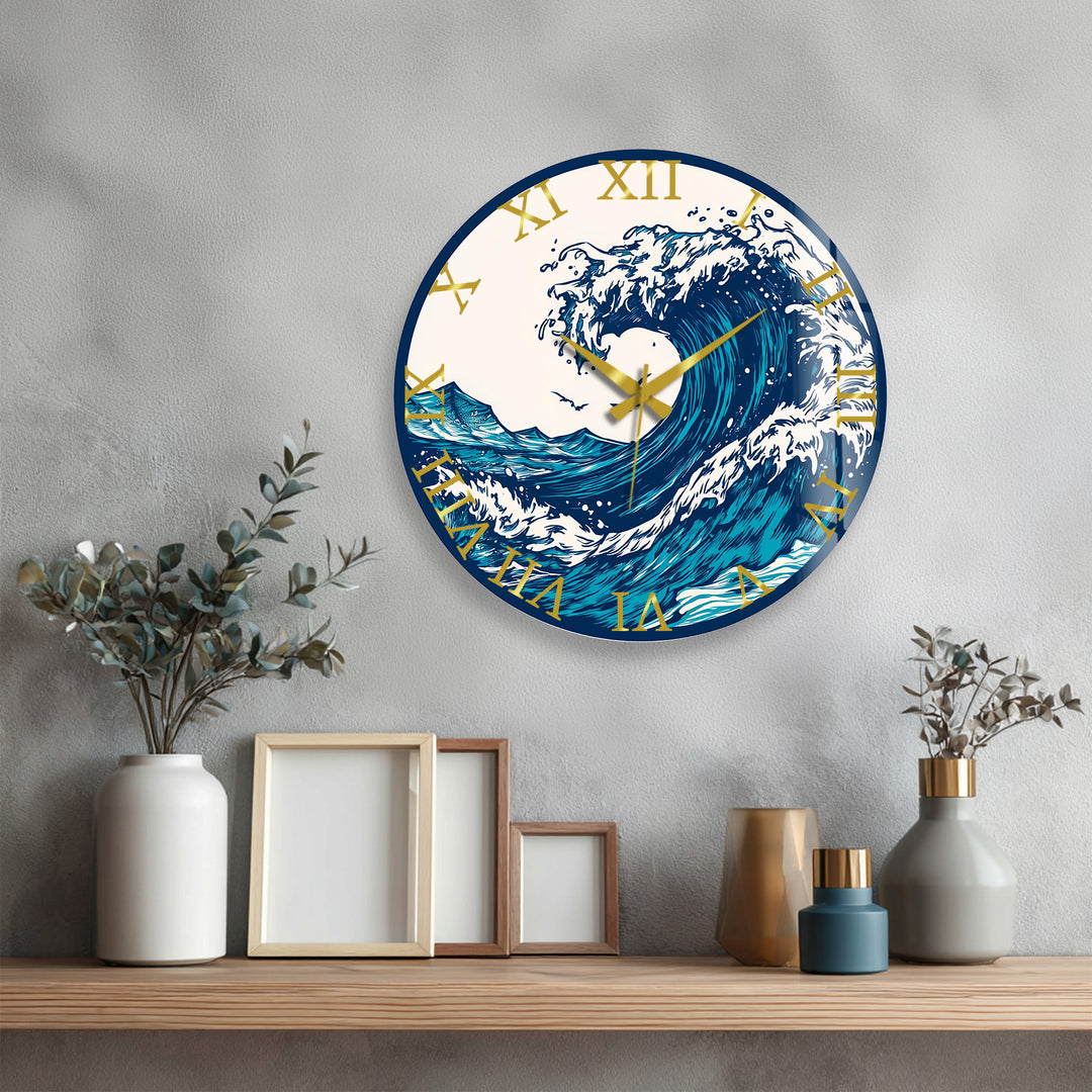 Japanese Wave Glass Wall Clock – Blue Ocean Coastal Decor