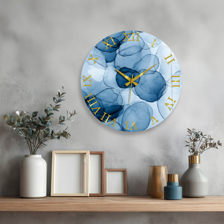 Blue Abstract Glass Wall Clock – Modern Alcohol Ink Art