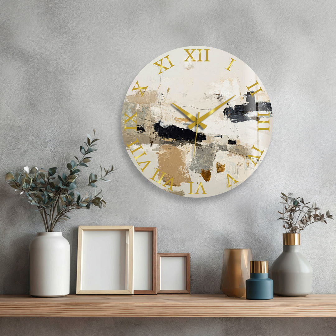 Neutral Abstract Glass Wall Clock – Black and Beige Modern Art