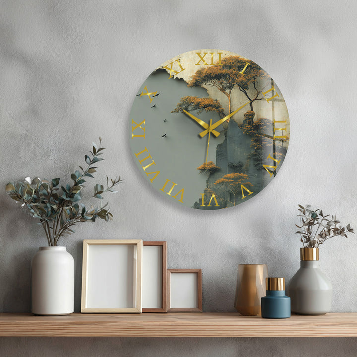 Misty Forest Glass Wall Clock – Golden Mountain Landscape