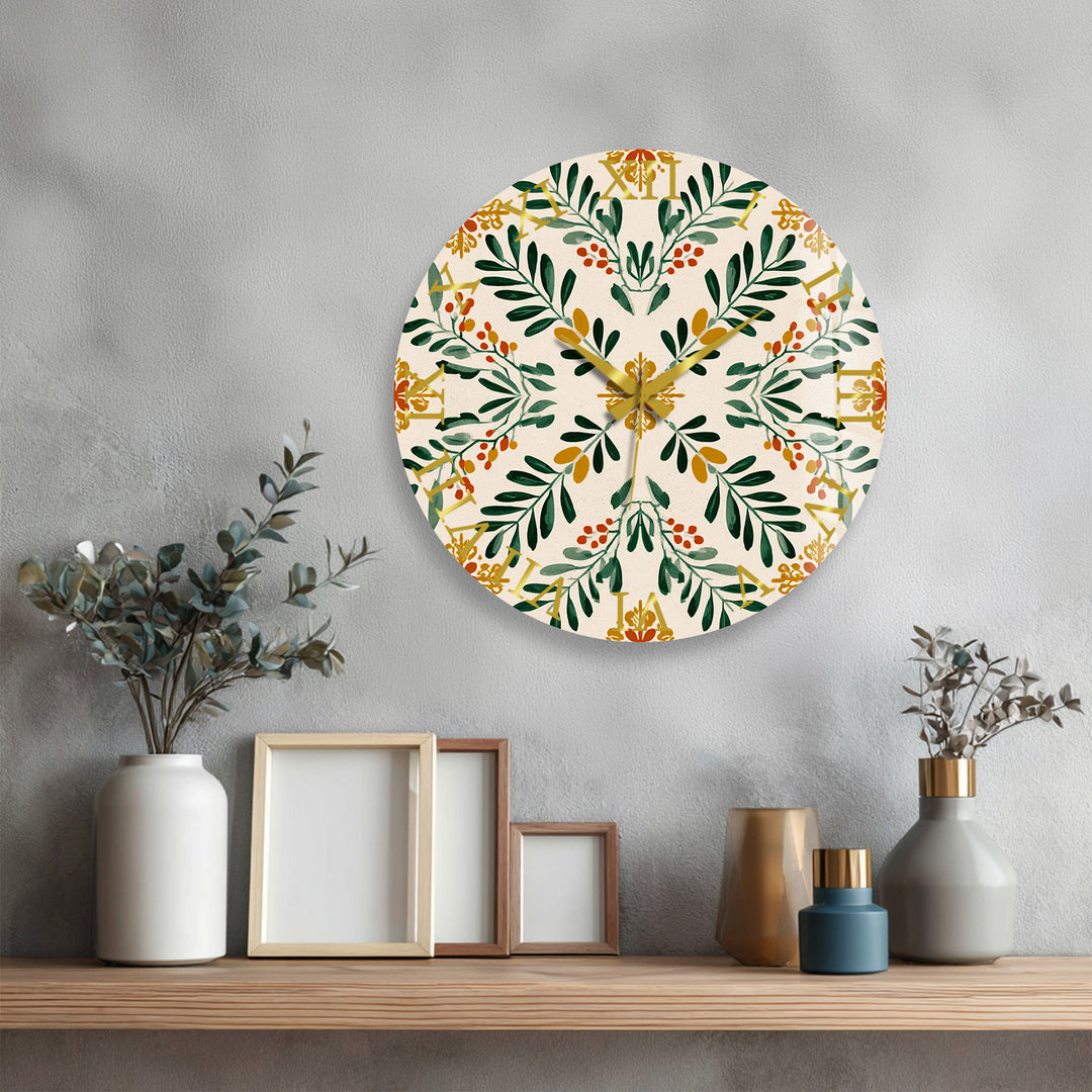 Botanical Glass Wall Clock – Green Leaf Farmhouse Decor