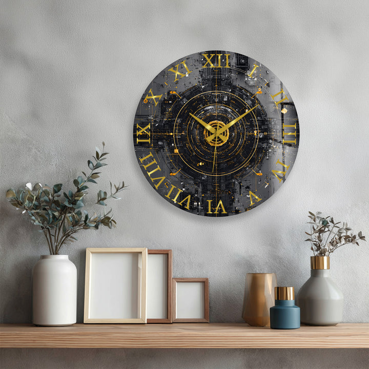 Industrial Abstract Glass Wall Clock – Black and Gold Tech Art