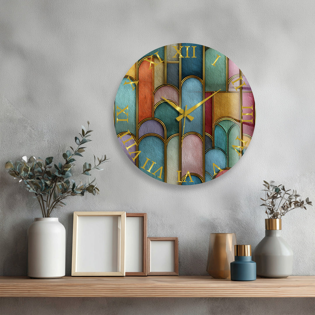 Art Deco Glass Wall Clock – Colorful Geometric Arch Decor