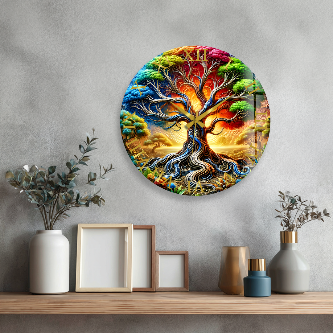 Colorful Tree of Life Glass Wall Clock – Fantasy Nature Decor