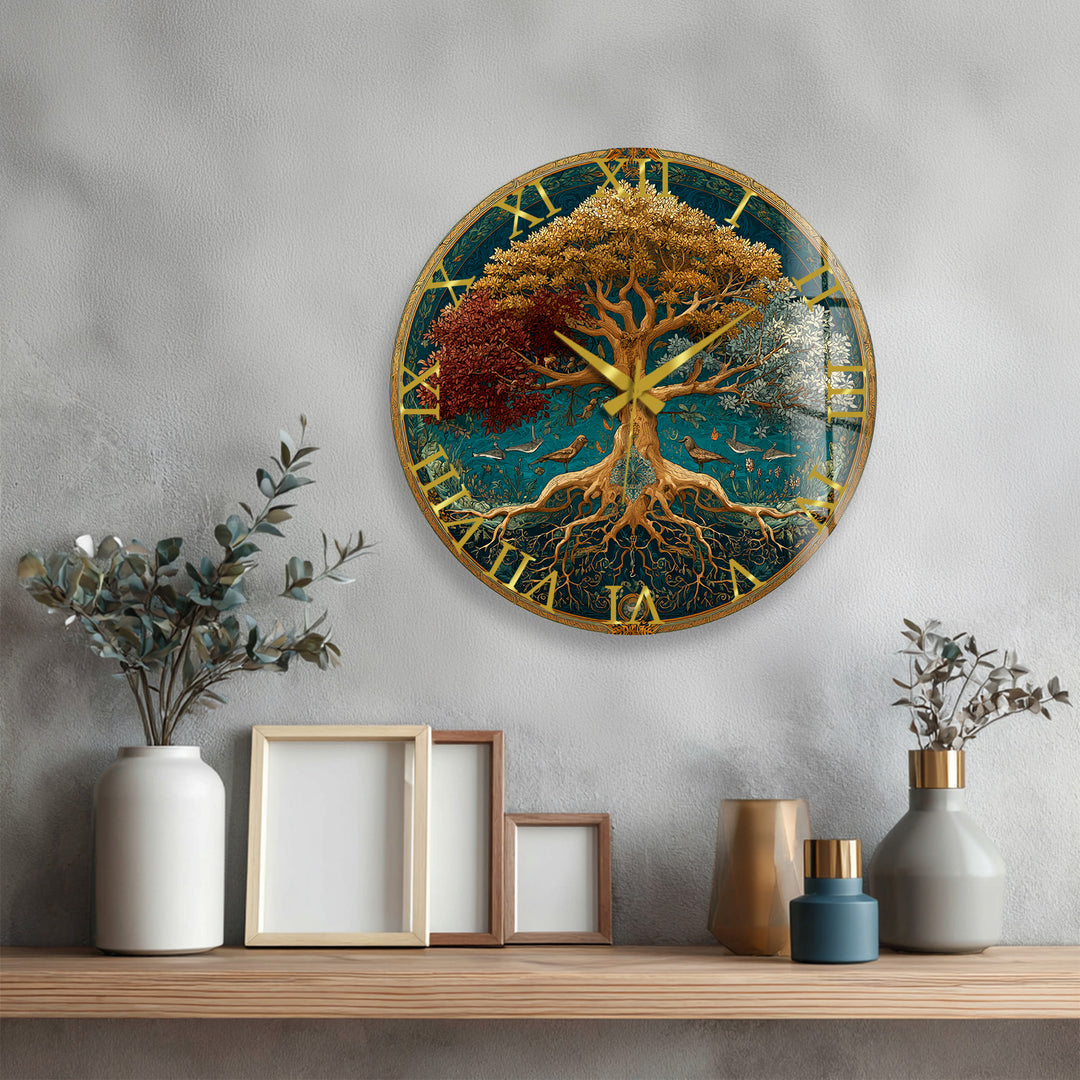 Four Seasons Tree of Life Glass Wall Clock – Botanical Decor