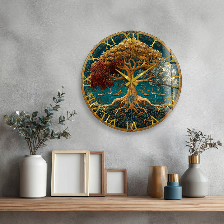 Four Seasons Tree of Life Glass Wall Clock – Botanical Decor