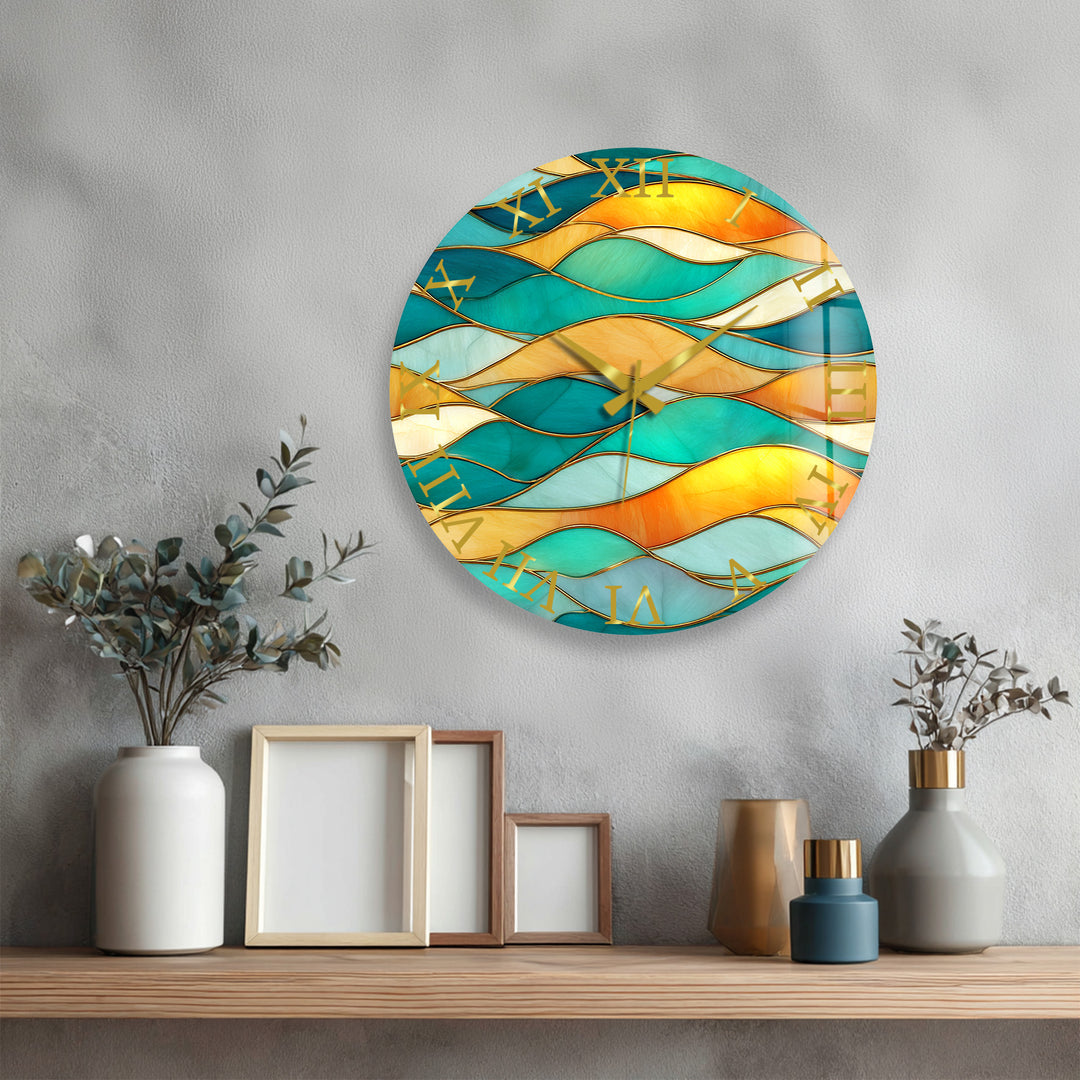 Turquoise Wave Glass Wall Clock – Abstract Stained Glass Decor
