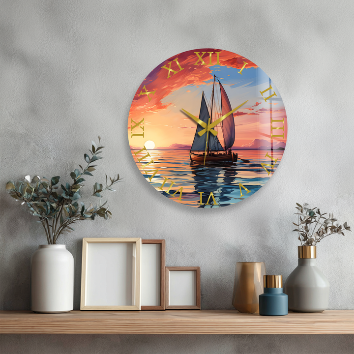 Sunset Sailboat Glass Wall Clock – Coastal Nautical Decor