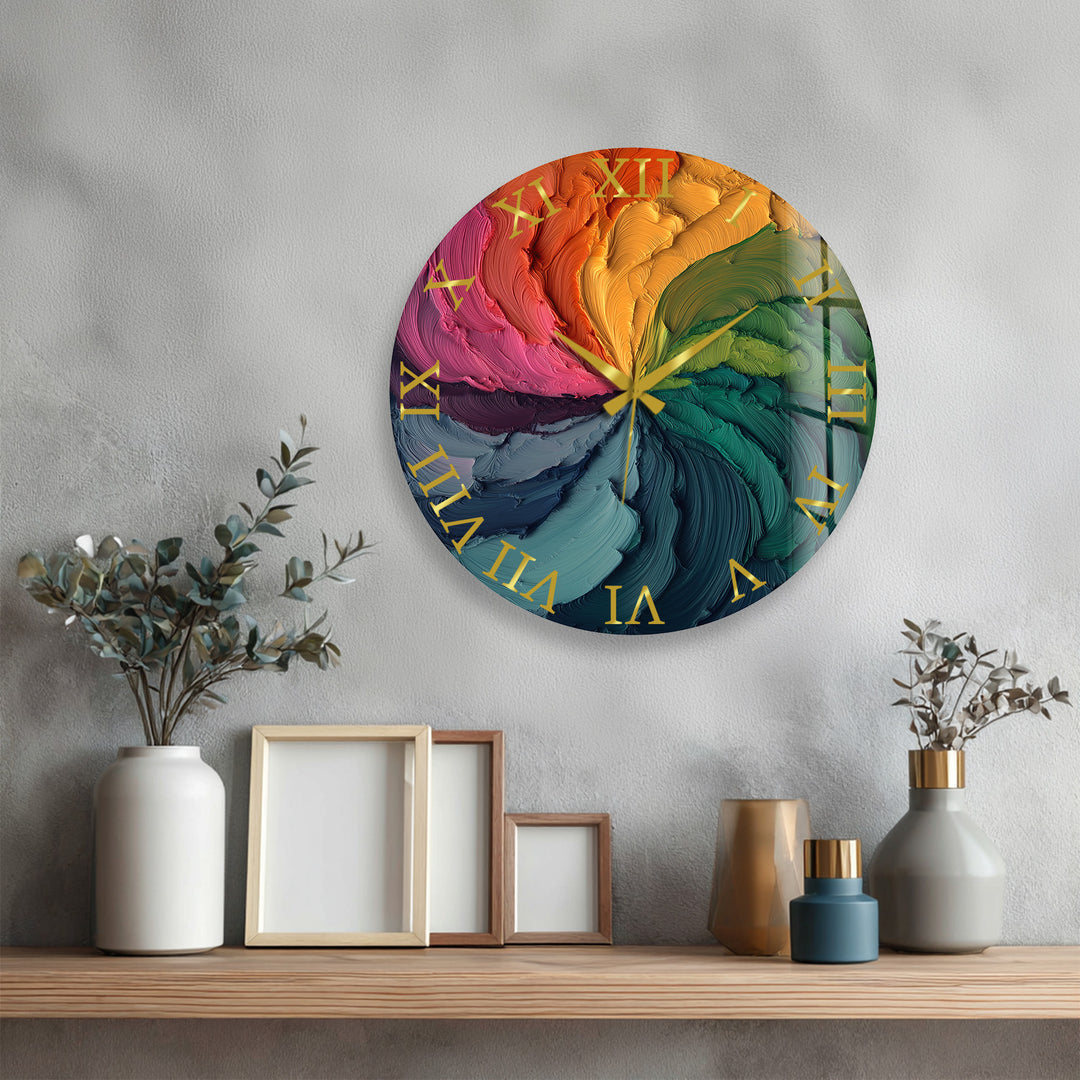 Colorful Abstract Glass Wall Clock – Rainbow Oil Painting Art