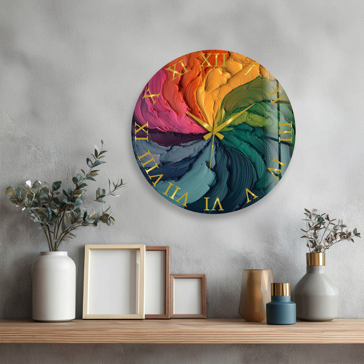 Colorful Abstract Glass Wall Clock – Rainbow Oil Painting Art