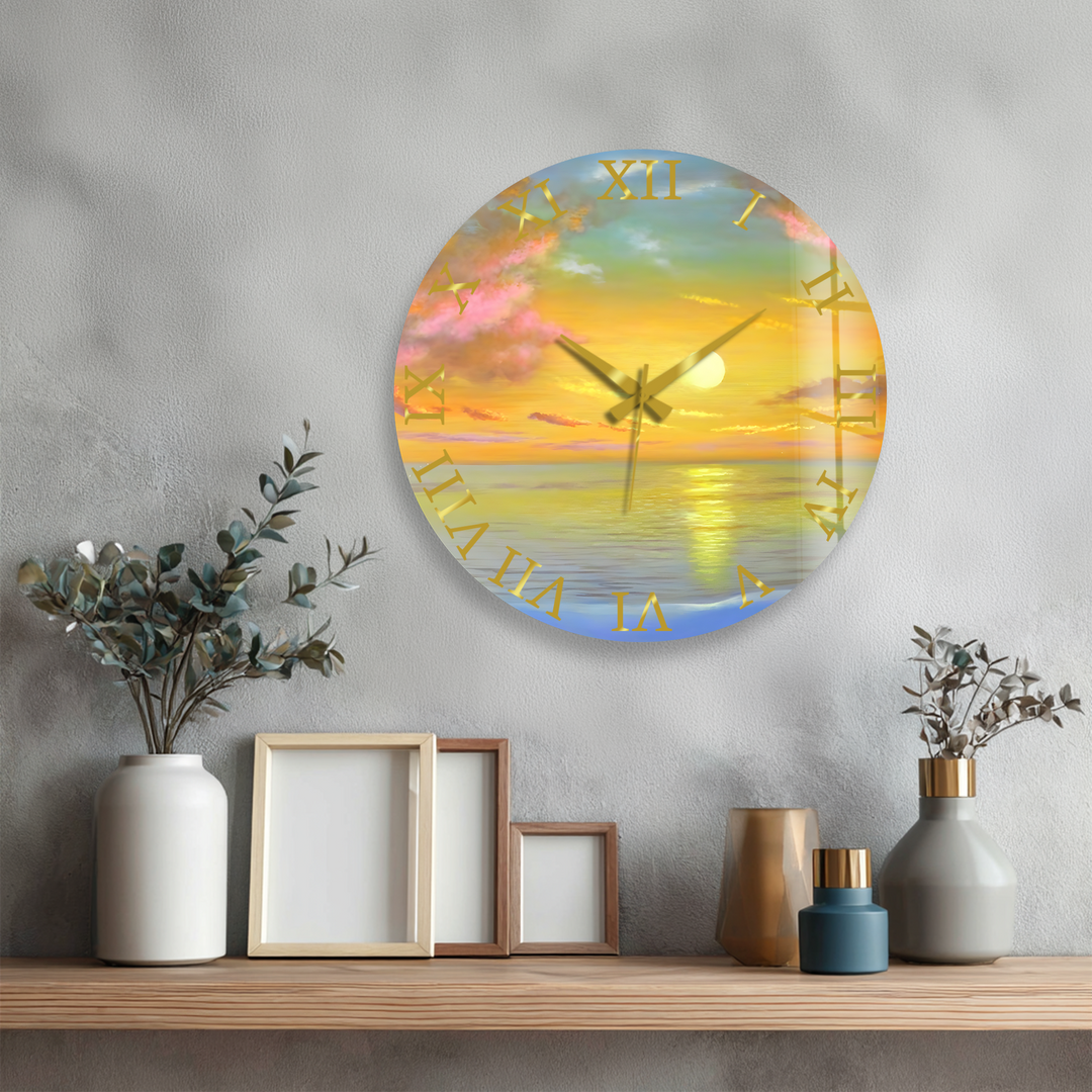 Ocean Sunset Glass Wall Clock – Golden Coastal Decor