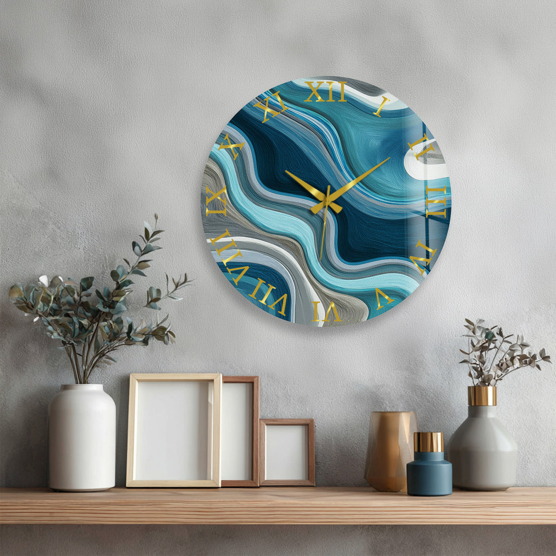 Blue Abstract Glass Wall Clock – Teal Wave Modern Decor