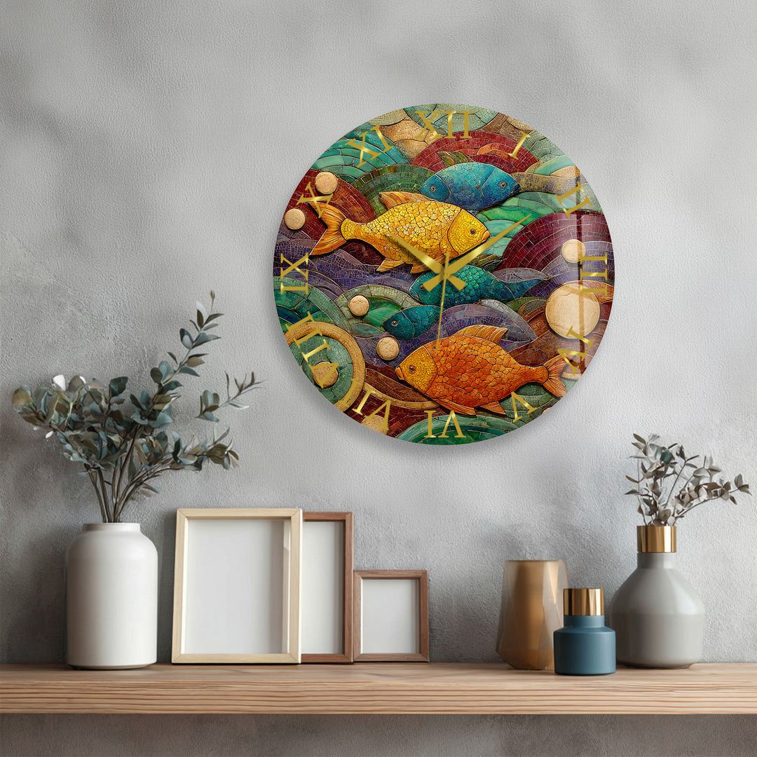 Colorful Fish Glass Wall Clock – Coastal Mosaic Art Decor