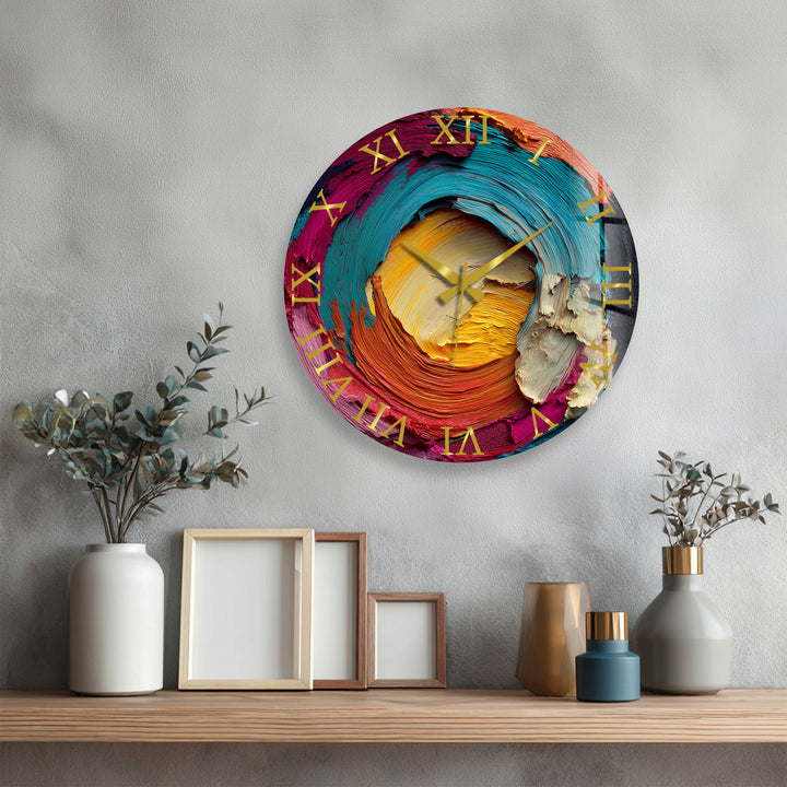Colorful Abstract Glass Wall Clock – Vibrant Impasto Swirl Art