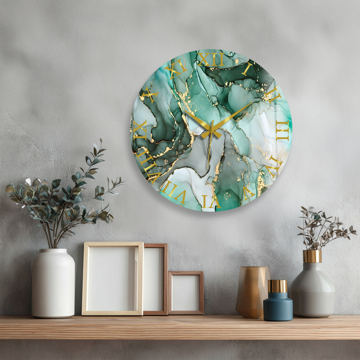Emerald Green Marble Glass Wall Clock – Gold Accent Decor