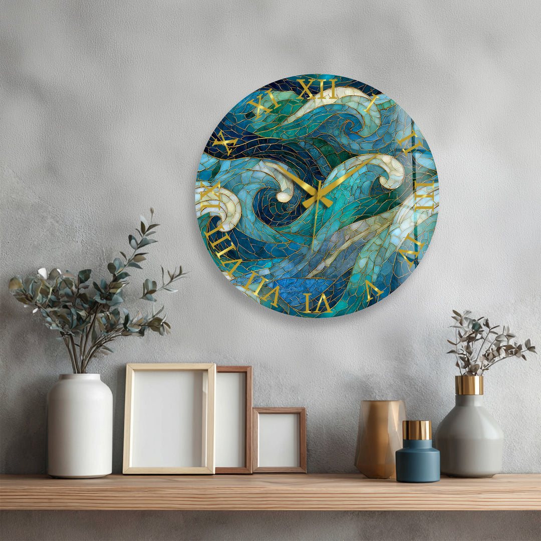 Blue Wave Glass Wall Clock – Abstract Stained Glass Style