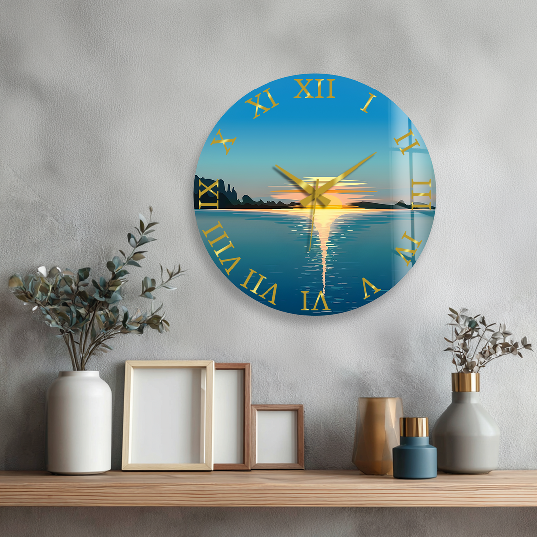 Minimalist Ocean Sunset Glass Wall Clock – Coastal Decor