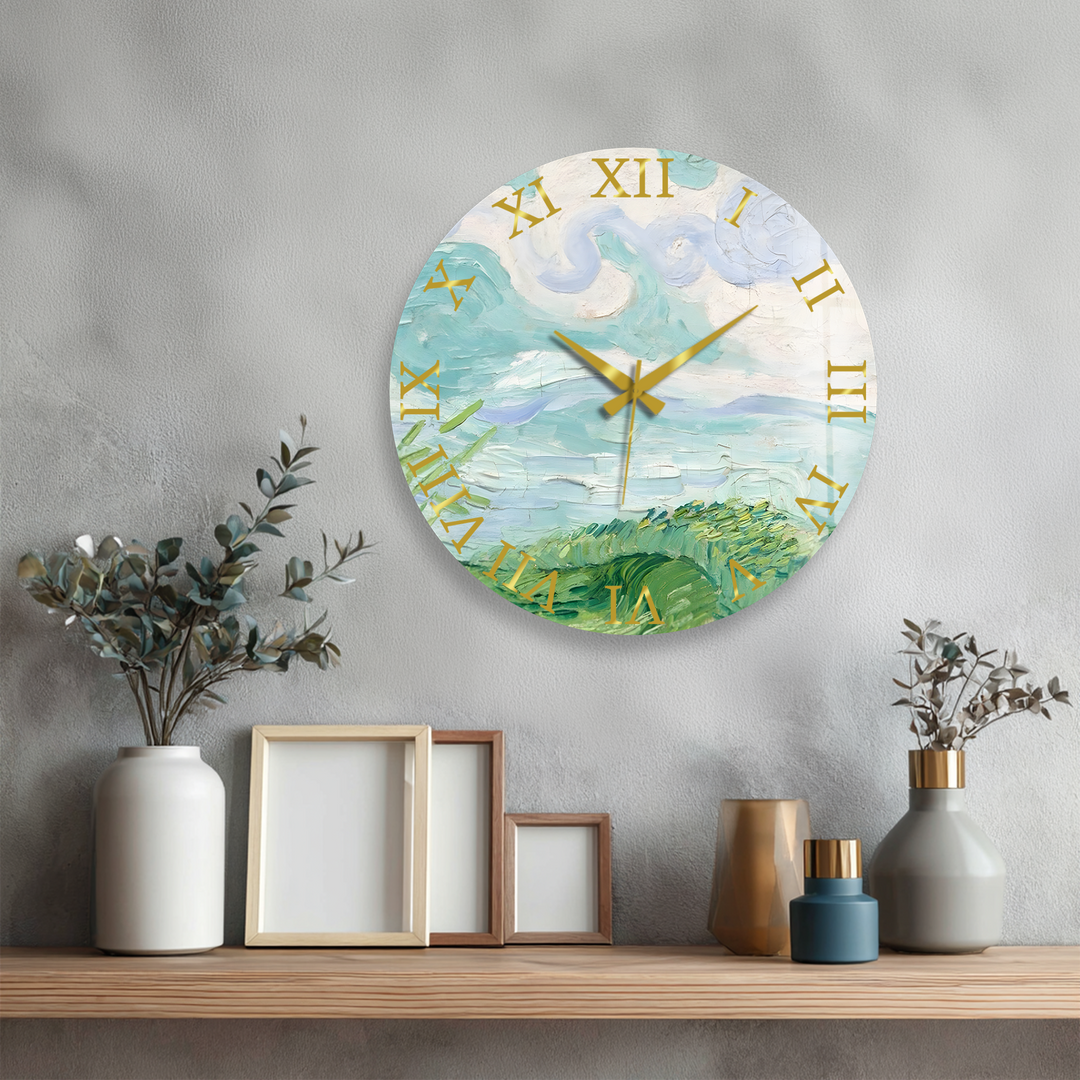 Pastellfarbene Küstenwanduhr aus Glas – abstrakte Meereslandschaftskunst