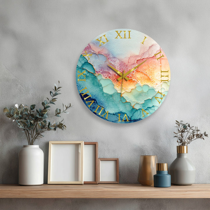 Pastel Fluid Art Glass Wall Clock – Pink and Teal Abstract Decor