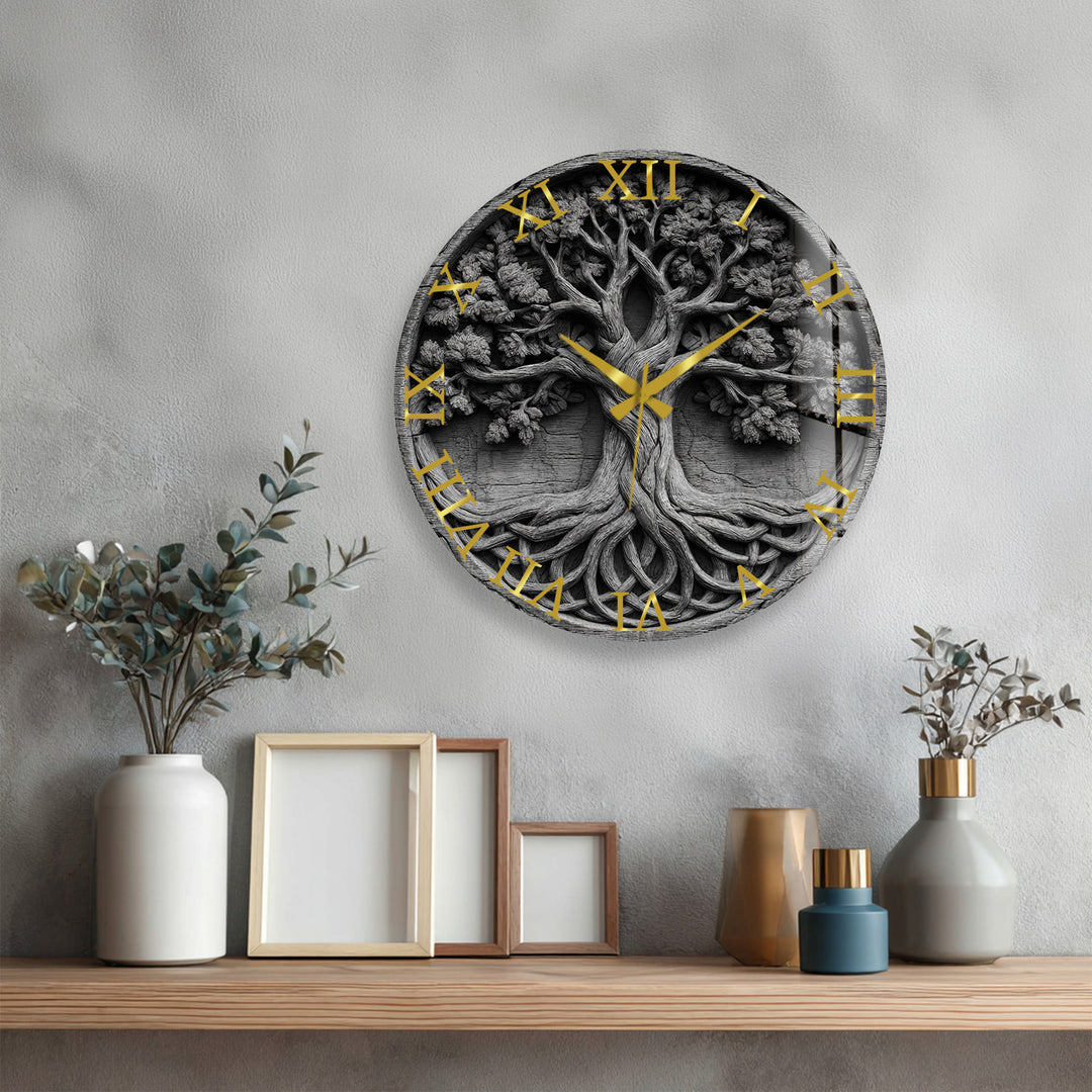 Black and White Tree of Life Glass Wall Clock – Celtic Style Art