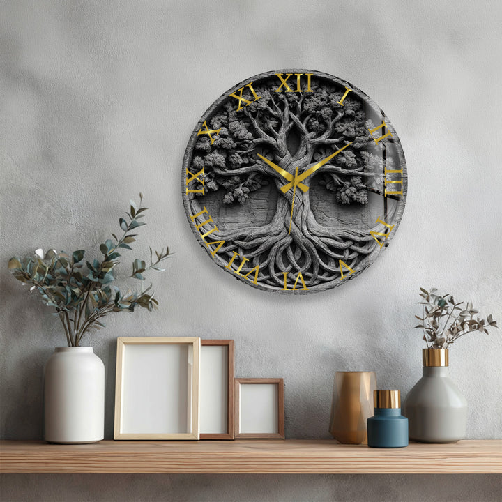 Black and White Tree of Life Glass Wall Clock – Celtic Style Art