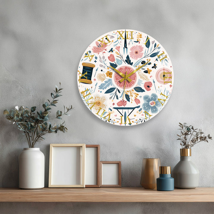 Floral Sewing Glass Wall Clock – Craft Room Decor