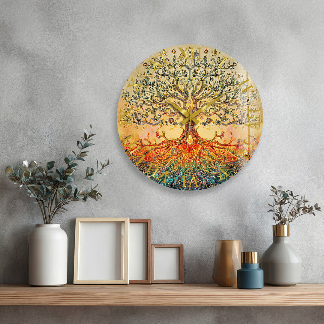 Golden Tree of Life Glass Wall Clock – Boho Botanical Decor