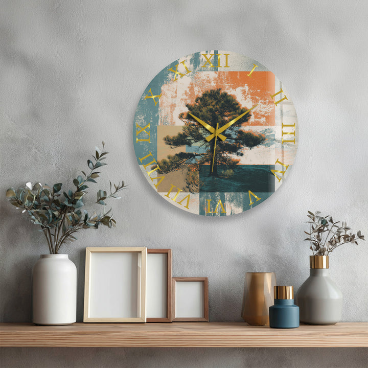 Mid Century Pine Tree Glass Wall Clock – Retro Nature Decor