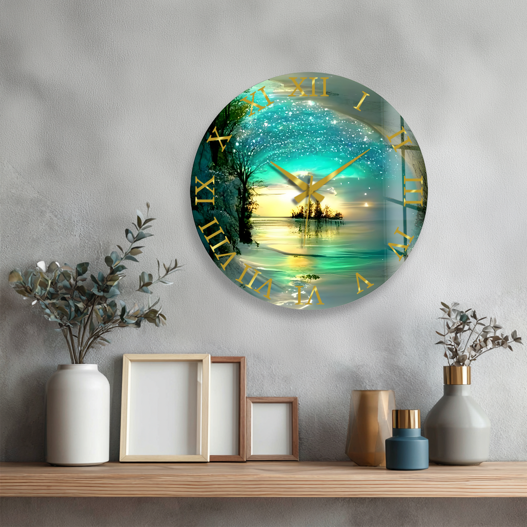 Enchanted Lake Glass Wall Clock – Turquoise Fantasy Landscape