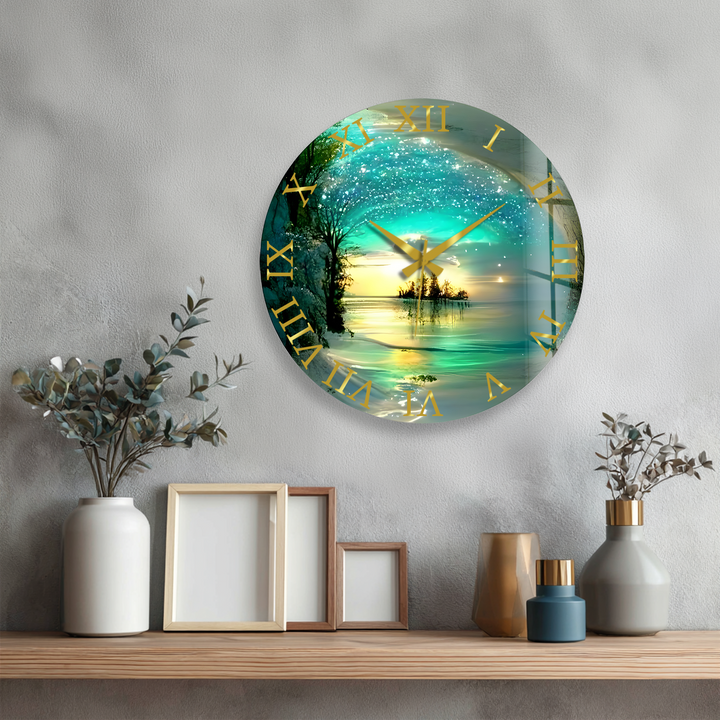 Enchanted Lake Glass Wall Clock – Turquoise Fantasy Landscape