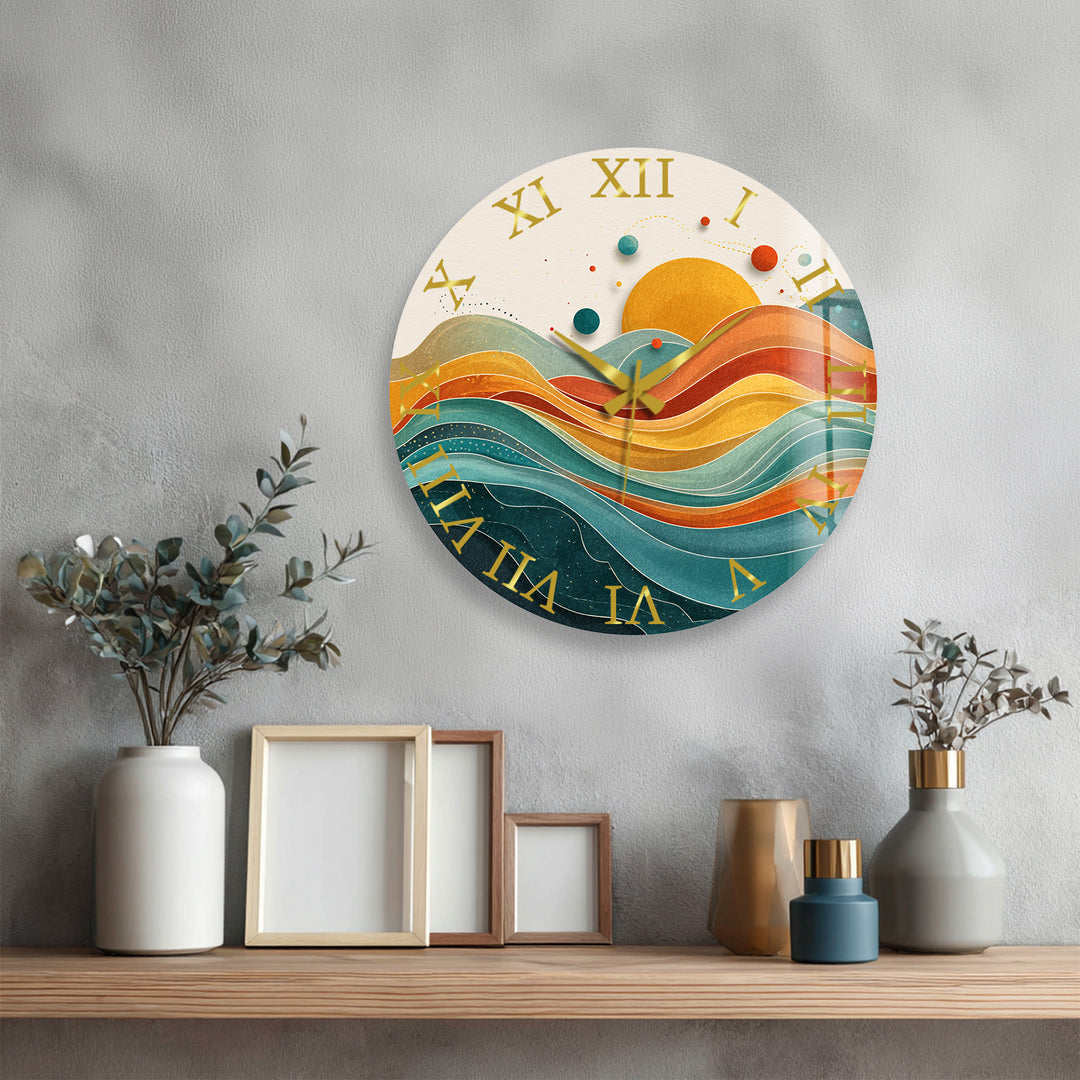 Retro Sunset Glass Wall Clock – Abstract Boho Wave Art