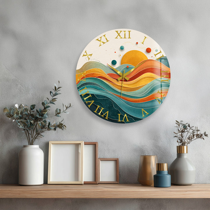 Retro Sunset Glass Wall Clock – Abstract Boho Wave Art