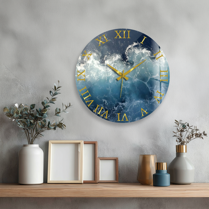 Ozeanwellen-Glaswanduhr – Küstenblaue Wanddekoration