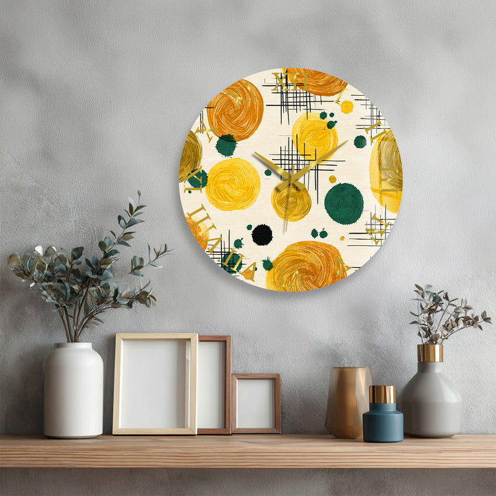 Mustard Yellow Glass Wall Clock – Retro Abstract Circle Art