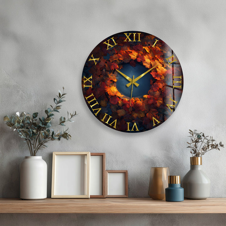 Glas-Wanduhr mit Herbstblättern – rustikales Herbstkranz-Dekor