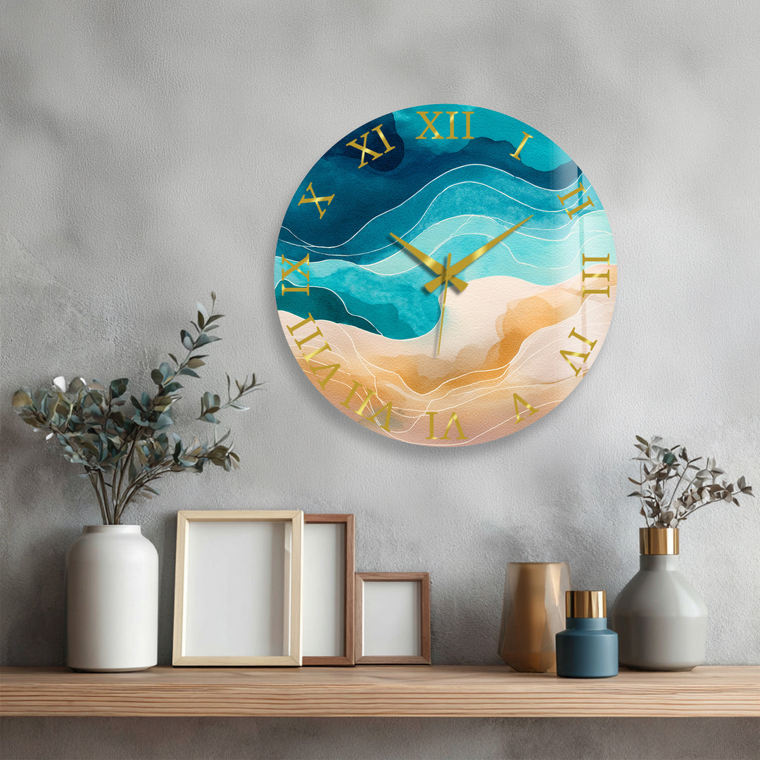 Abstract Coastal Glass Wall Clock – Blue Ocean Wave Decor