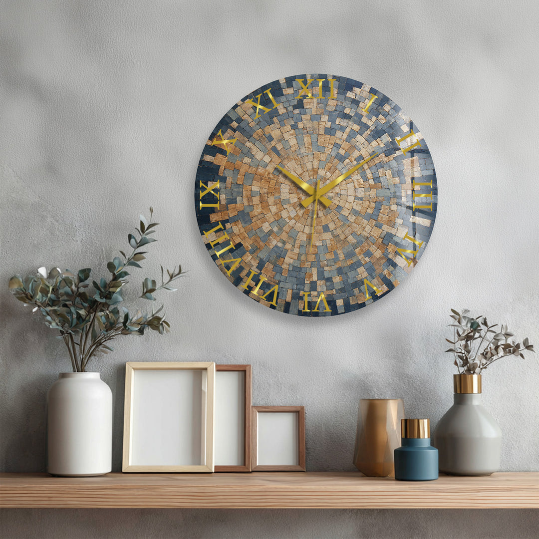 Blue Mosaic Glass Wall Clock – Beige Geometric Circle Art Decor