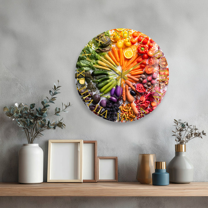 Vegetable Glass Wall Clock – Colorful Farmhouse Kitchen Decor