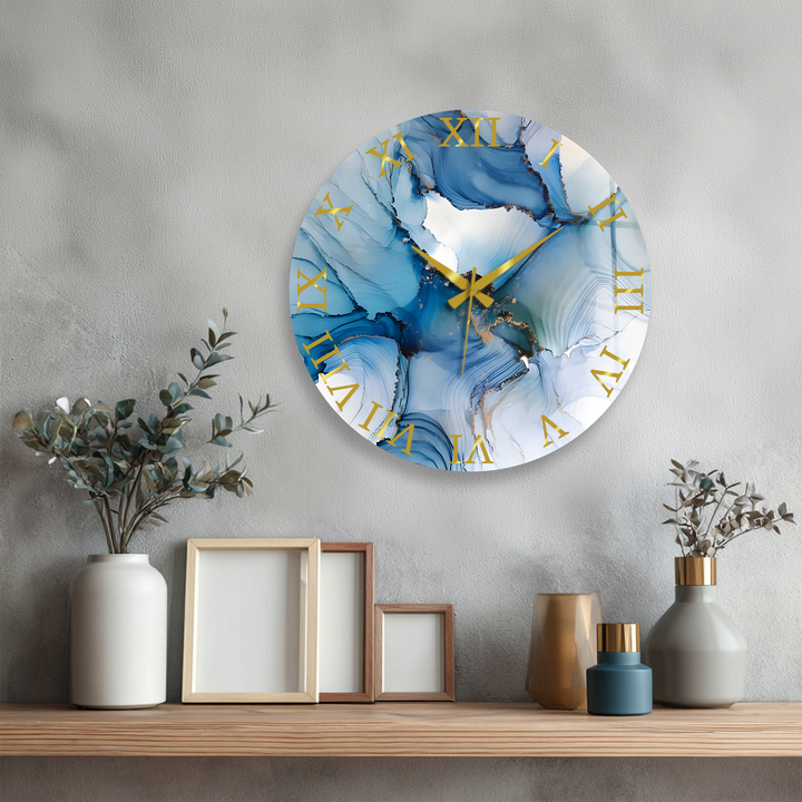 Blaue Marmorglas-Wanduhr – Abstraktes fließendes Kunstdekor