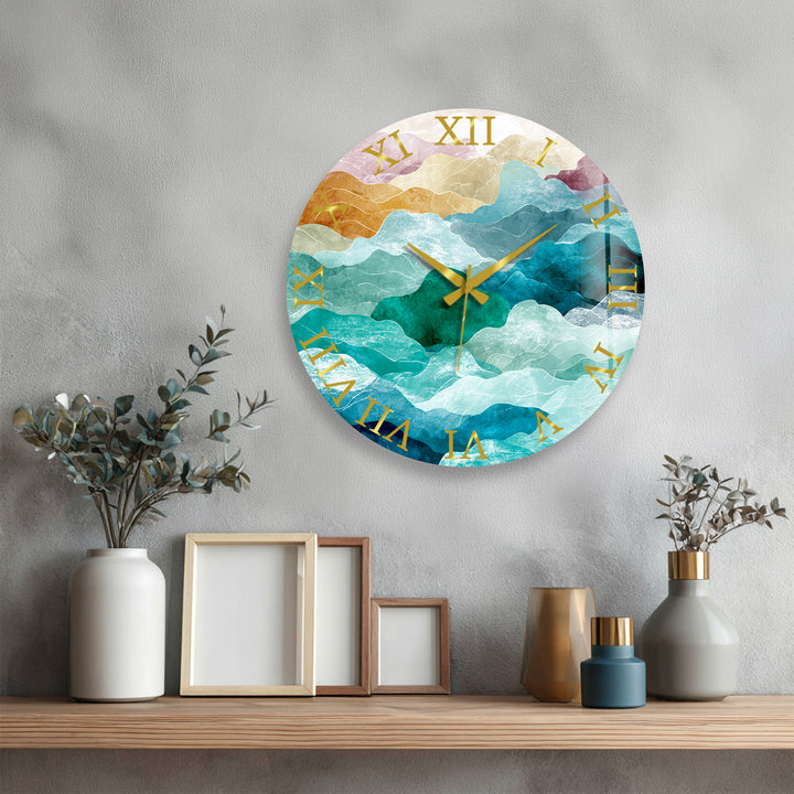 Abstract Mountain Glass Wall Clock – Teal Boho Landscape Decor