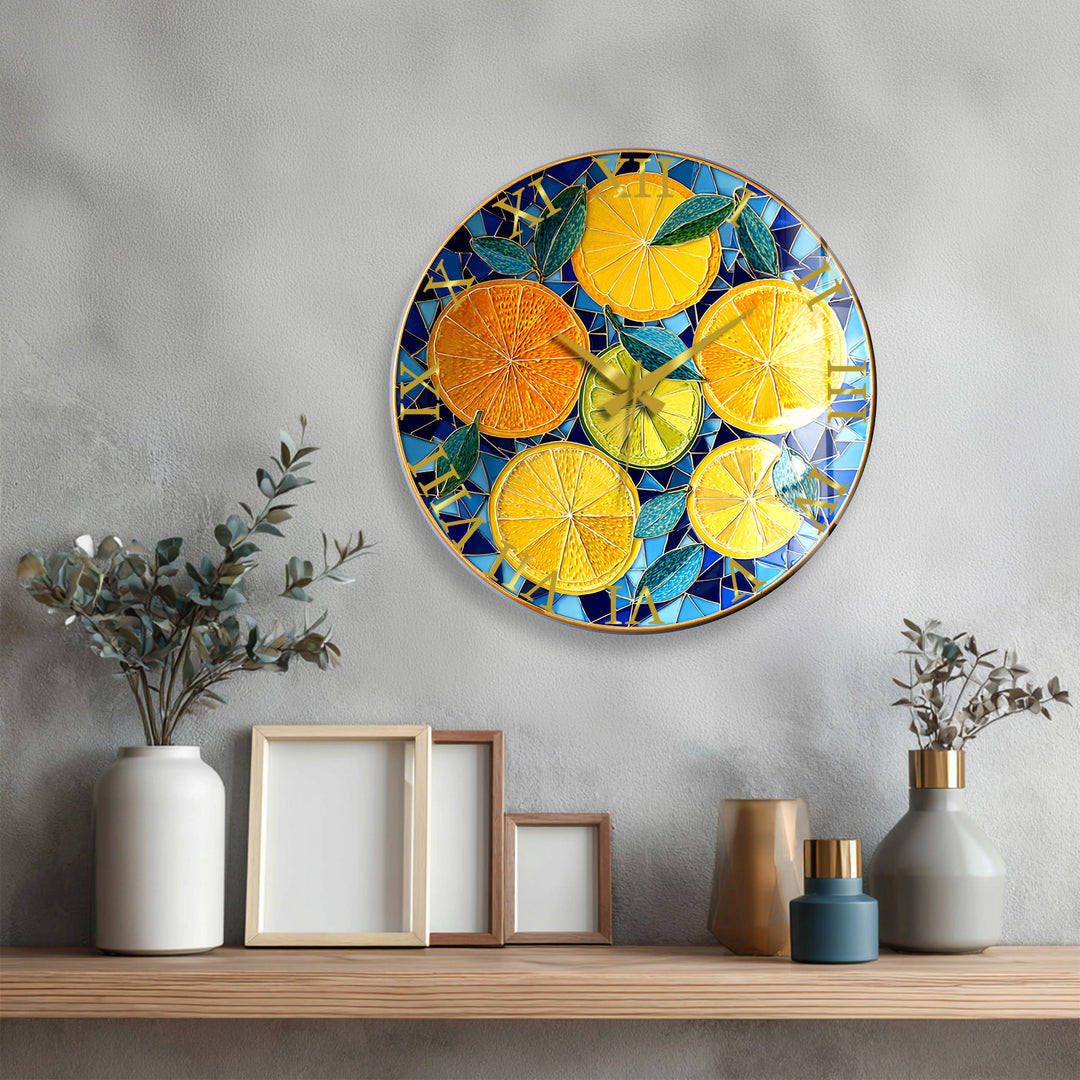 Lemon and Orange Glass Wall Clock – Mediterranean Kitchen Decor