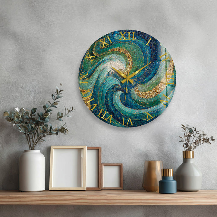 Türkisfarbene Mosaik-Glas-Wanduhr – abstraktes Wirbeldekor