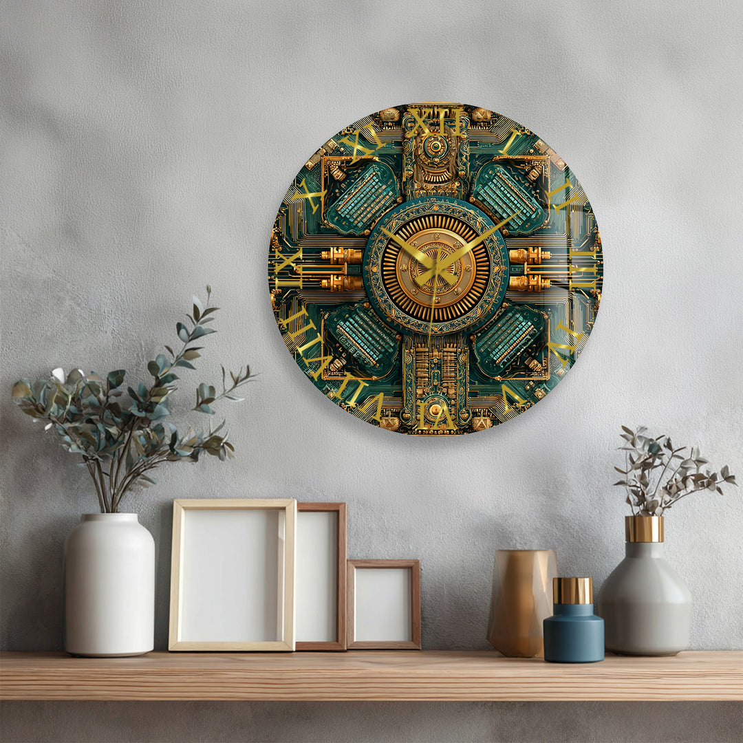 Steampunk-Wanduhr aus Glas – goldenes mechanisches Zahnraddekor