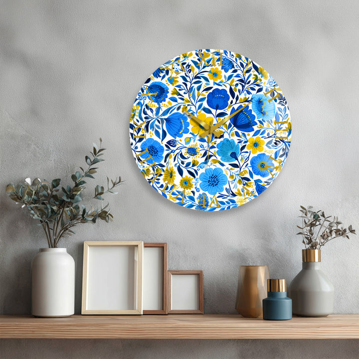Blue and Yellow Floral Glass Wall Clock – Botanical Decor