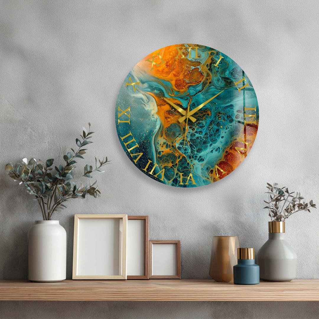 Fluid Art Glass Wall Clock – Teal and Gold Abstract Pour Decor