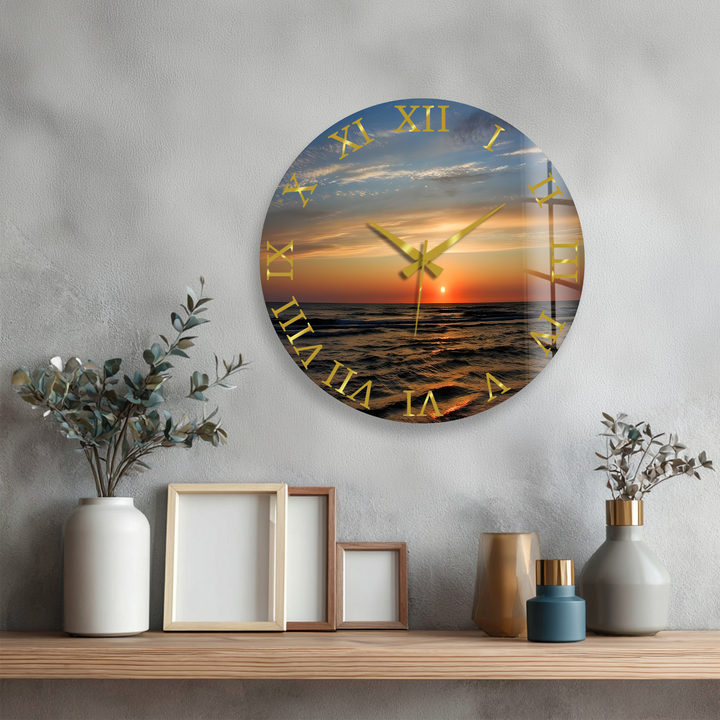 Ocean Sunset Glass Wall Clock – Coastal Beach Decor
